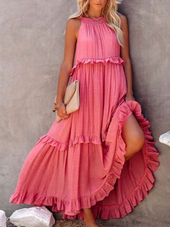 Dresses & Skirts - Boho Maxi Halter Ruffle Dress in Coral Pink